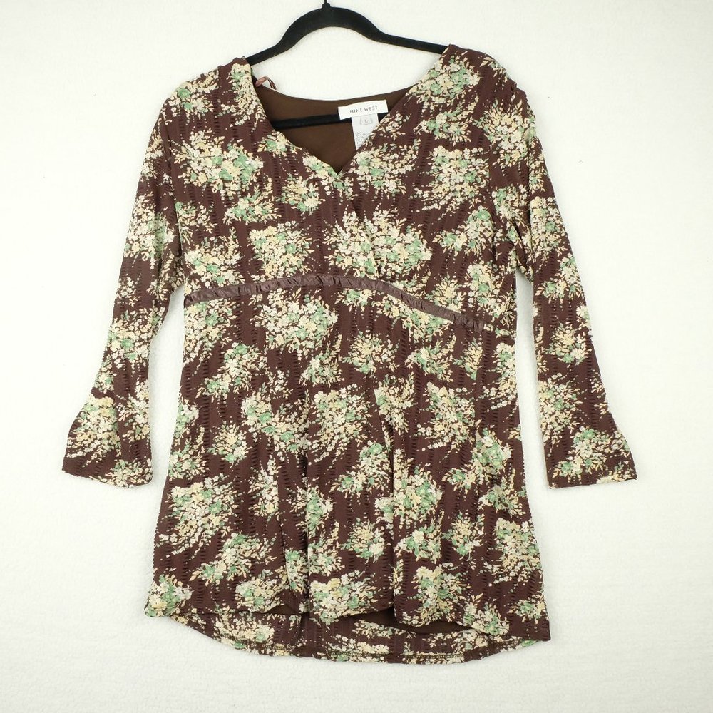Nine West Womens Shirt Top Large Brown Green Floral Retro Cottagecore Peplum